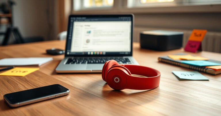 A sleek, modern workspace featuring a pair of vibrant red Beats earphones prominently displayed on a wooden desk, surrounded by a smartphone, a laptop open to a Bluetooth settings page, and colorful sticky notes with quick tips, all bathed in warm, inviting light that suggests productivity and connection.