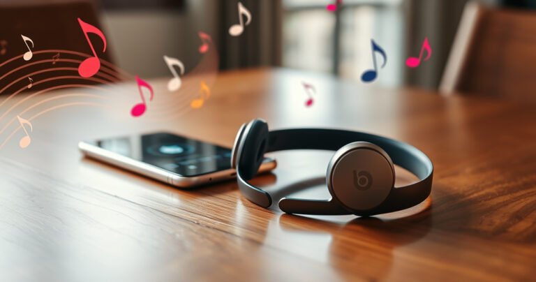 A close-up view of sleek, stylish Beats wireless earphones resting on an elegant wooden table, surrounded by vibrant music notes swirling in the air. A smart device glows softly beside them, displaying a Bluetooth pairing screen. Soft natural light filters through a nearby window, enhancing the modern tech aesthetic and inviting a sense of connectivity and rhythm.