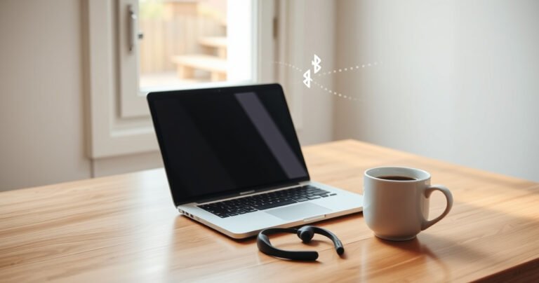 A sleek, modern MacBook on a stylish wooden desk, with a pair of elegant Bluetooth earphones gracefully resting beside it. Soft morning light filters through a nearby window, illuminating the seamless connection symbol floating above the devices. A cozy cup of coffee sits nearby, inviting a sense of productivity and ease in a minimalist workspace.