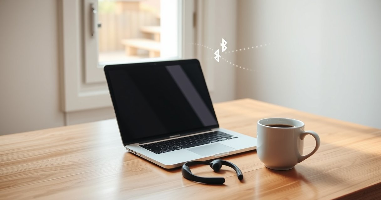 A sleek, modern MacBook on a stylish wooden desk, with a pair of elegant Bluetooth earphones gracefully resting beside it. Soft morning light filters through a nearby window, illuminating the seamless connection symbol floating above the devices. A cozy cup of coffee sits nearby, inviting a sense of productivity and ease in a minimalist workspace.
