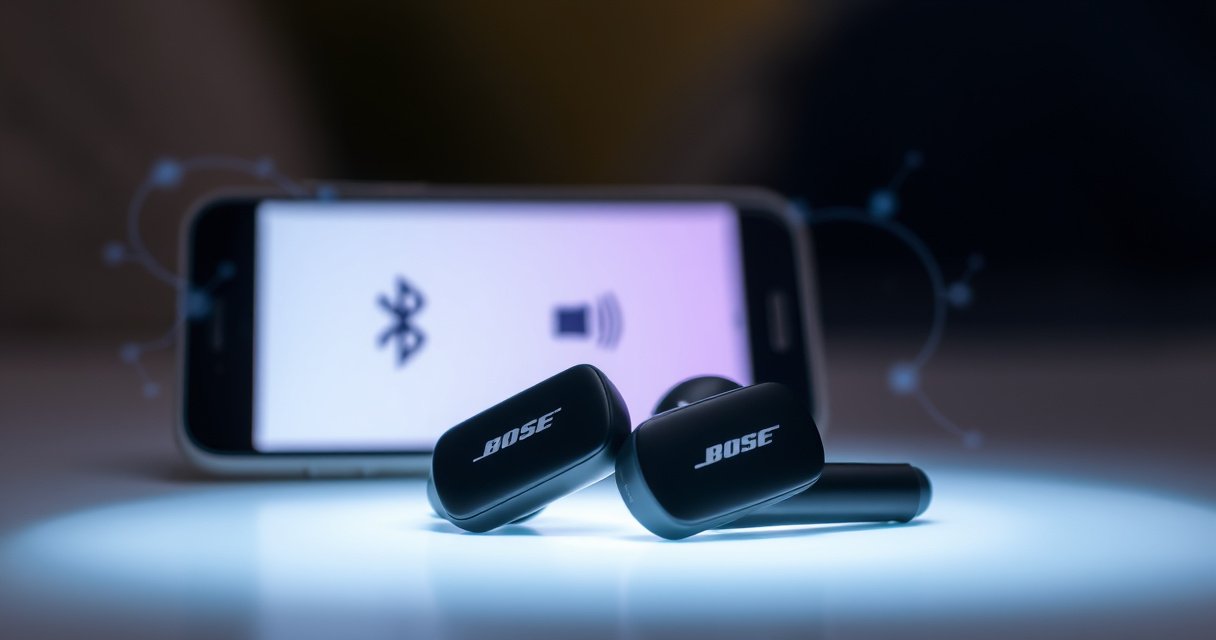 A close-up of sleek Bose earbuds nestled in a soft, ambient glow, surrounded by swirling sound waves and digital connection symbols. In the background, a subtle outline of a smartphone displays a Bluetooth pairing screen, all set against a calming, blurred backdrop that evokes a sense of seamless technology and ease of use.