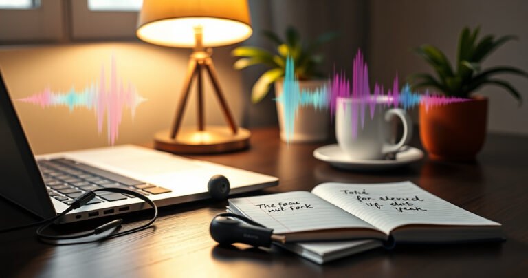 A cozy workspace featuring a sleek laptop with Bose earbuds resting beside it, vibrant sound waves visually emanating from the earbuds. A warm desk lamp casts a soft glow over a notepad with handwritten notes, surrounded by a cup of coffee and a potted plant, creating an inviting atmosphere of tech and comfort.