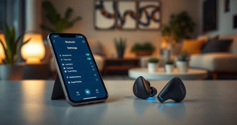 An elegant smartphone displaying a vibrant Bluetooth settings screen, surrounded by sleek Bose earbuds glowing softly. A cozy, modern living room in the background with soft lighting, plants, and a coffee table, inviting a sense of ease and connectivity. The earbuds are prominently featured, emphasizing their stylish design and high-tech allure.