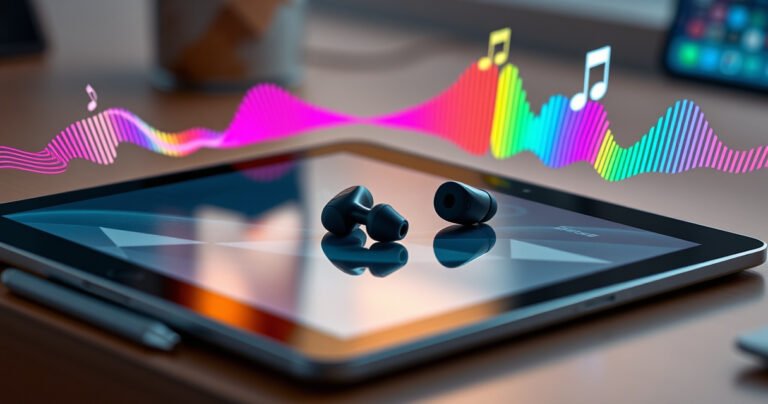 A sleek pair of Bose earbuds resting on a stylish iPad, surrounded by vibrant sound waves illustrated in bright colors. The background features soft, blurred tech elements, enhancing the modern, high-tech atmosphere. Subtle hints of connectivity symbols float nearby, emphasizing the seamless pairing process. The scene is illuminated with a warm glow, inviting viewers into a world of audio bliss.