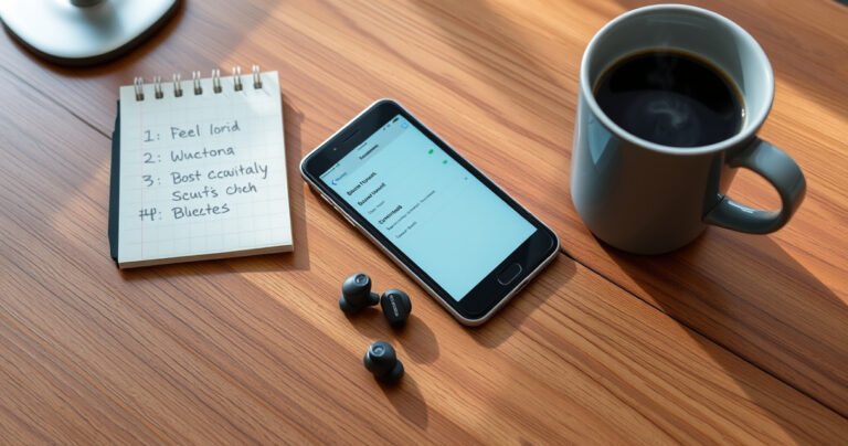 A sleek pair of Bose QC earbuds resting on a modern wooden desk, surrounded by a smartphone displaying the Bluetooth settings screen. Soft ambient light casts gentle shadows, highlighting the earbuds' elegant design. A notepad with handwritten setup steps and a steaming coffee cup complete the inviting, tech-savvy atmosphere of a cozy workspace.