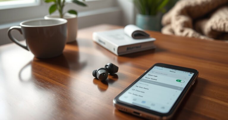 A sleek pair of Bose QC earbuds resting on a polished wooden table, their glossy finish reflecting soft morning light, with a modern iPhone displaying the Bluetooth settings screen nearby, surrounded by gentle hints of a cozy home environment – a coffee cup, a plant, and a warm blanket adding a touch of comfort and tech harmony.