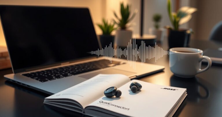 A sleek laptop sits on a modern desk, surrounded by soft, ambient lighting. Next to it, a pair of Bose QuietComfort earbuds rests on an open user manual. A faint soundwave graphic emanates from the earbuds, symbolizing seamless connection. The background hints at a cozy workspace with potted plants and a steaming mug of coffee.