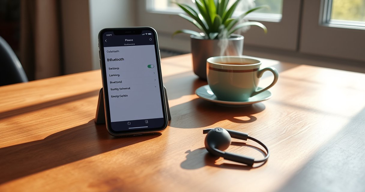 A serene, stylish workspace featuring an iPhone displaying the Bluetooth settings screen, alongside sleek Bose QuietComfort Earbuds resting on a polished wood desk. Soft natural light filters through a window, illuminating a cozy atmosphere with a potted plant and a steaming cup of coffee, symbolizing a seamless connection between technology and comfort.