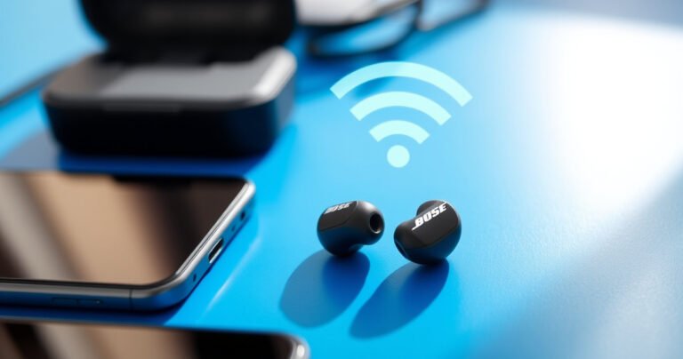 A close-up of sleek Bose Soundsport earbuds resting on a vibrant blue surface, surrounded by modern tech accessories like a smartphone and charging case, with a glowing wireless signal symbol overhead, conveying a sense of connectivity and innovation, bright natural lighting illuminating the scene, emphasizing the audio experience and seamless setup.
