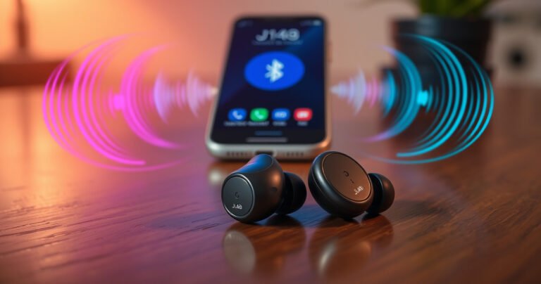 A close-up of two sleek JLab earbuds resting on a wooden table, surrounded by vibrant soundwave graphics swirling around them. Soft, ambient light highlights the earbuds' shiny finish while a smartphone displays a Bluetooth connection screen in the background. The atmosphere conveys a sense of modern technology and effortless connectivity.