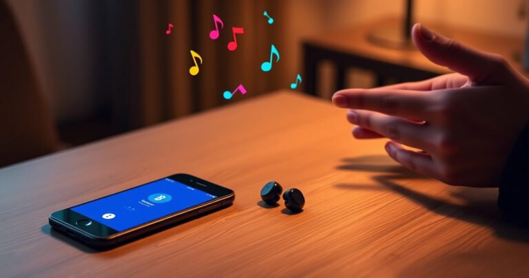 A sleek pair of Brookstone wireless earbuds resting on a modern wooden table, surrounded by a glowing smartphone displaying a Bluetooth connection screen. Soft, warm lighting creates a cozy atmosphere, with a hint of colorful musical notes floating in the air, symbolizing seamless connection and sound. A pair of hands gestures towards the phone, ready to connect.