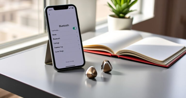 A stylish modern workspace featuring a sleek iPhone displaying the Bluetooth settings screen, surrounded by elegant Brookstone wireless earbuds. Soft natural light streams through a nearby window, highlighting the earbuds' polished design. A minimalist desk with a potted plant and an open notebook adds a touch of creativity, inviting readers to explore seamless connectivity.