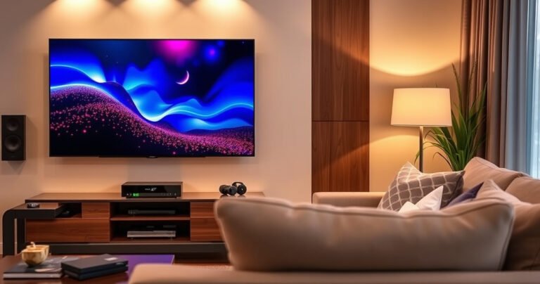 An elegant living room scene featuring a sleek LG Smart TV displaying vibrant visuals, with a vintage CD player on a stylish wooden shelf. Soft ambient lighting casts a warm glow, while a cozy sofa and modern decor create a welcoming atmosphere, inviting viewers to enhance their audio experience at home.