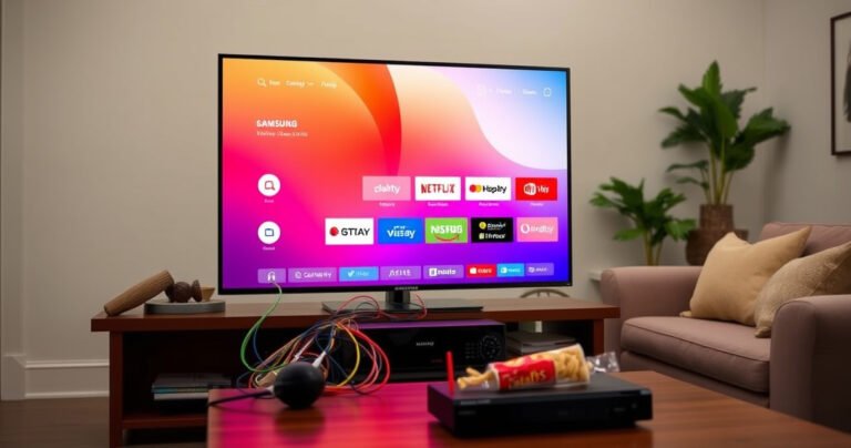 A sleek Samsung Smart TV displaying a vibrant home screen, surrounded by colorful cables connecting to a DIRECTV receiver. Bright, inviting living room setting with a cozy couch, soft lighting, and a coffee table adorned with a remote and snacks. Emphasize a sense of tech-savvy convenience and modern home entertainment.
