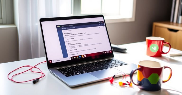 A sleek, open Chromebook on a modern desk, surrounded by colorful earbuds and a vibrant coffee mug. The screen displays a step-by-step guide with clear visuals. Soft natural light streams in through a nearby window, illuminating the workspace, creating an inviting atmosphere for tech enthusiasts eager to learn.