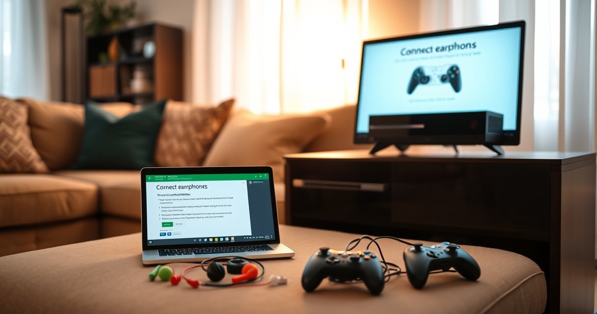 An inviting living room scene featuring a cozy couch with a sleek Xbox One console on a stylish media unit, an open laptop displaying step-by-step instructions on connecting earphones, scattered colorful earphones and controllers, warm lighting creating a relaxed atmosphere, and a subtle focus on a pair of earphones resting next to the console.