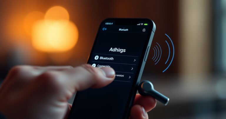 An elegant, close-up view of a modern iPhone displaying the Bluetooth settings screen, surrounded by sleek, wireless earphones. The background is softly blurred with warm ambient lighting, highlighting the tech-savvy atmosphere. A hand gently reaches towards the phone, showcasing connection in action, while subtle hints of sound waves emanate from the earphones, symbolizing a seamless audio experience.