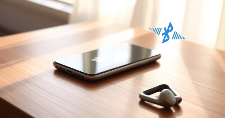 A modern, sleek iPhone resting on a wooden table, with a pair of stylish Heyday earbuds beside it. Soft morning light filters through a nearby window, casting gentle shadows. The scene captures a sense of effortless connectivity, with subtle tech details like Bluetooth symbols and sound waves artistically illustrated in the background.