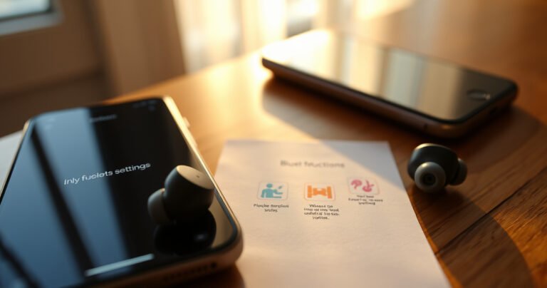 A close-up view of sleek Indy Fuel earbuds resting on a wooden table, surrounded by a smartphone displaying a Bluetooth settings screen. Soft morning light filters through a nearby window, creating a warm ambiance. A set of colorful, step-by-step illustrated instructions is partially visible, emphasizing the ease of use and modern technology integration.