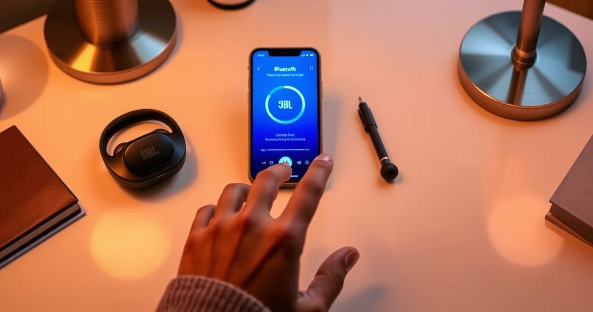An elegant desk setup featuring JBL Bluetooth earbuds, glowing softly, surrounded by a smartphone displaying a vibrant pairing interface. A pair of hands, gently tapping the screen, with a cozy atmosphere of warm lighting and subtle tech accessories, hinting at modern connectivity and ease of use.