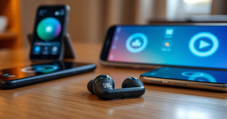 A close-up of sleek JBL earbuds resting on a wooden table, surrounded by glowing smartphone screens displaying vibrant pairing animations, hints of user-friendly icons floating in the background, warm light illuminating the scene, capturing a sense of modern technology and ease of use, inviting viewers to explore the seamless connection experience.