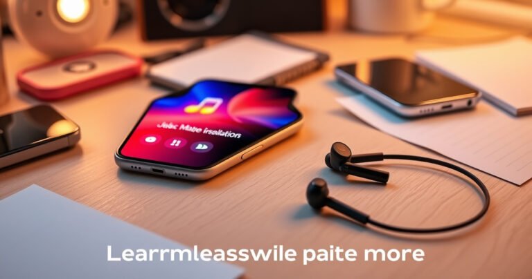 A modern iPhone displaying vibrant music visualizations, with sleek JLab earbuds resting beside it. The background is a cozy workspace with soft lighting, scattered tech gadgets, and notes, evoking a sense of connectivity and simplicity. Bright colors highlight the earbuds, emphasizing their stylish design and functionality, inviting readers to learn more about seamless pairing.