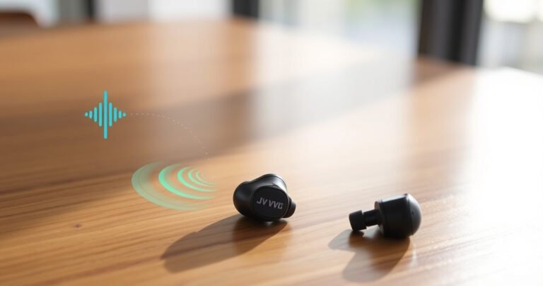 A close-up of sleek JVC Bluetooth earbuds resting on a stylish wooden table, surrounded by colorful soundwave graphics and digital connection symbols, with a soft, ambient light casting gentle shadows, evoking a sense of modern technology and effortless connectivity, perfect for illustrating quick pairing steps in a tech guide.