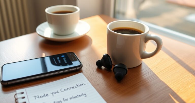A sleek pair of Jabra earbuds sits on a polished wooden table, with an iPhone displaying the Bluetooth settings screen beside them. Soft morning light filters through a nearby window, casting gentle shadows. A cozy ambiance is enhanced by a cup of steaming coffee and a notepad with handwritten tips for connecting devices.