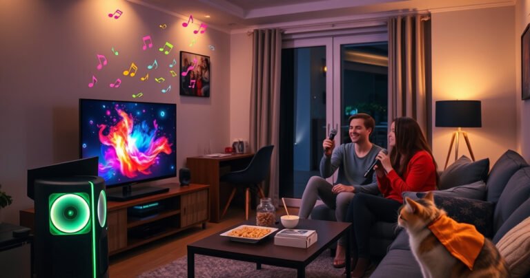 A cozy living room scene featuring a vibrant karaoke machine connected to a sleek smart TV, colorful musical notes floating in the air, friends joyfully singing along with microphones in hand, soft lighting creating an inviting atmosphere, snacks on a table nearby, and a playful cat watching curiously from a cozy corner.