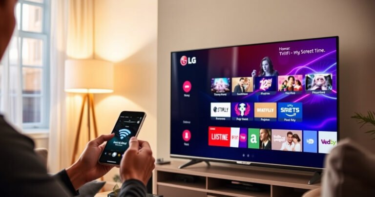 A sleek LG Smart TV displaying a vibrant home screen, surrounded by a cozy living room with modern decor. A person is effortlessly connecting the TV to Wi-Fi using a smartphone, while a warm glow from a nearby lamp casts soft shadows. Colorful streaming icons shimmer on the TV, symbolizing endless entertainment possibilities.