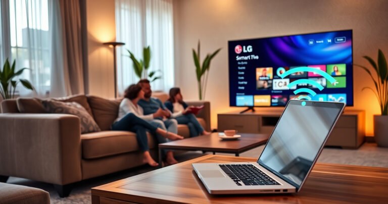 A cozy living room with a sleek LG Smart TV displaying vibrant streaming options. A family gathered on a plush sofa, set against a backdrop of warm lighting and decorative plants. An open laptop on a coffee table, illustrating Wi-Fi settings, with a hint of a digital connection symbol glowing subtly in the air.