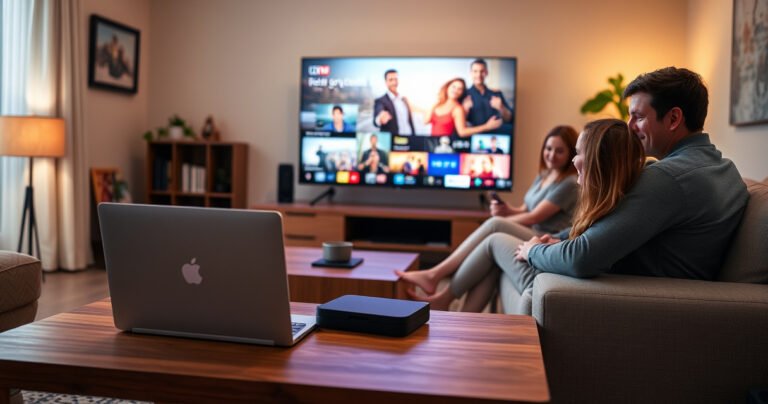 A cozy living room scene featuring a sleek laptop on a coffee table, a modern smart TV displaying vibrant streaming content, and a family gathered on a comfortable couch, happily interacting with the devices. Soft ambient lighting creates a warm atmosphere, highlighting the connection between technology and home entertainment.