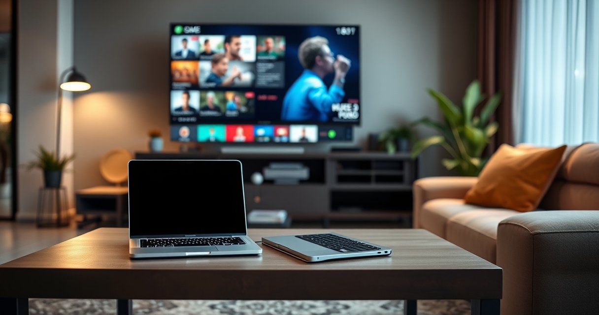 A modern living room with a sleek laptop on a coffee table, connected wirelessly to a large smart TV displaying vibrant streaming content. Soft ambient lighting highlights the cozy space, with a plush sofa and decorative plants in the background, creating an inviting atmosphere that emphasizes technology integration in everyday life.