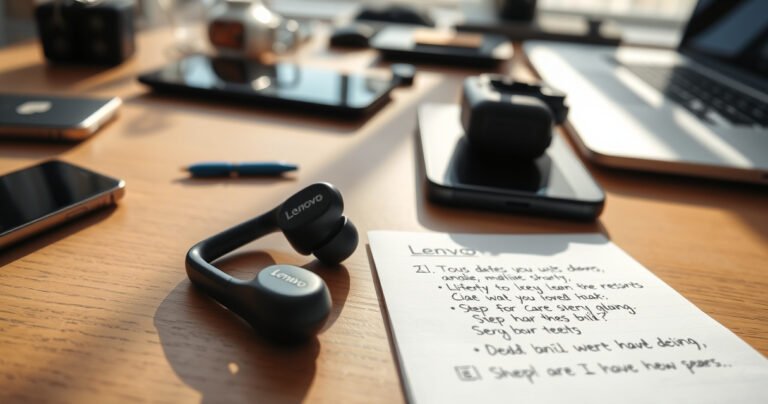 A close-up view of sleek Lenovo earbuds resting on a wooden desk, surrounded by scattered tech gadgets like a smartphone and laptop. Soft morning light filters through a window, casting gentle shadows. Next to the earbuds, a handwritten note with step-by-step instructions is partially visible, emphasizing a modern, tech-savvy lifestyle.