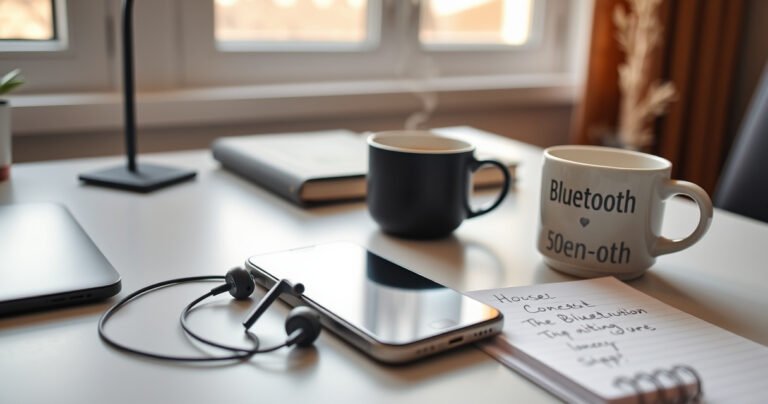 A cozy home setting with a stylish modern desk, a pair of sleek Bose earbuds resting beside a smartphone displaying a Bluetooth connection screen, soft morning light filtering through a window, a steaming coffee mug nearby, and a notepad with handwritten steps, evoking a sense of comfort and readiness for tech exploration.