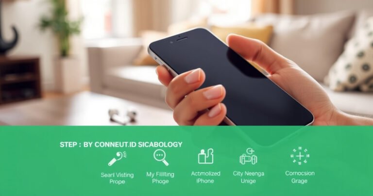 A close-up of a person’s hand holding a sleek iPhone, with vibrant earbuds resting nearby. The background is softly blurred, hinting at a cozy living room setting. Bright, natural light streams in, highlighting the modern technology. An inviting, step-by-step guide visual, with colorful icons illustrating the connection process, subtly integrated into the scene.