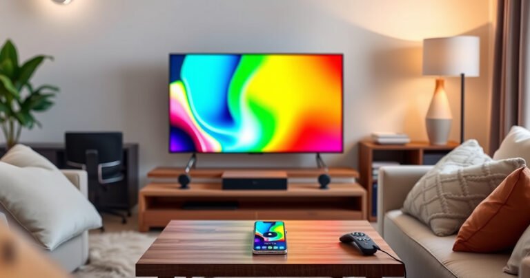 A cozy living room scene featuring a sleek smart TV displaying a vibrant phone mirroring screen, with a casual setup of a smartphone and remote on a coffee table, soft ambient lighting, cozy cushions, and an inviting atmosphere, showcasing the seamless connection between devices in a modern home entertainment environment.