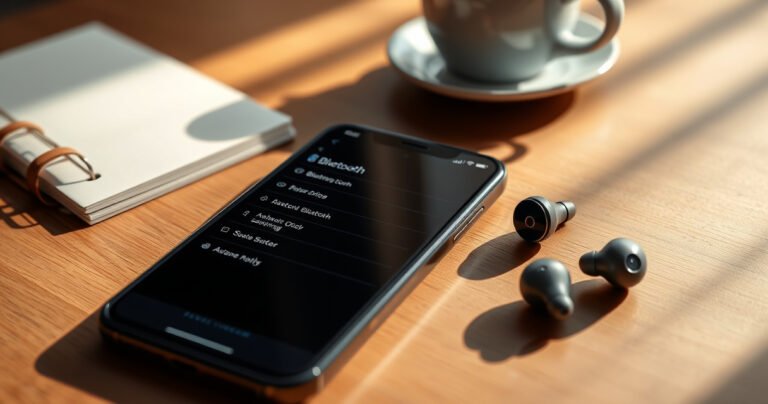 A close-up of a sleek, modern iPhone displaying Bluetooth settings, with a pair of stylish Raycon earbuds nearby. The background features a cozy, well-lit workspace with soft shadows, a notebook, and a cup of coffee, evoking a sense of casual tech elegance and connectivity. Warm colors blend harmoniously to invite engagement.