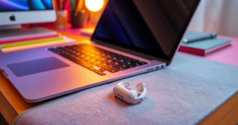 A sleek, modern laptop sits open on a vibrant desk, surrounded by colorful stationery. Next to it, a pair of Samsung earbuds rest on a soft, textured surface, glowing gently. A faint digital connection symbol glows between the earbuds and laptop, symbolizing seamless technology. Warm, inviting lighting enhances the scene, suggesting a cozy tech workspace.