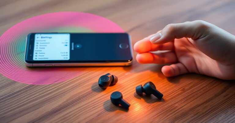 A sleek pair of Sony earbuds resting on a wooden table, surrounded by colorful soundwave patterns swirling around them. An open smartphone displays a Bluetooth settings screen, glowing softly. Nearby, a hand reaches toward the earbuds, with an inviting warm light illuminating the scene, symbolizing seamless connectivity and modern technology.