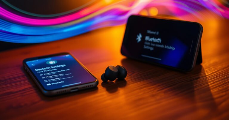 A close-up of a pair of sleek Soundcore earbuds resting on a wooden table, surrounded by vibrant, colorful soundwaves swirling around them. A smartphone displays the Bluetooth settings screen, glowing softly. Warm ambient lighting casts inviting shadows, evoking a sense of modern technology and ease of use for a seamless audio experience.