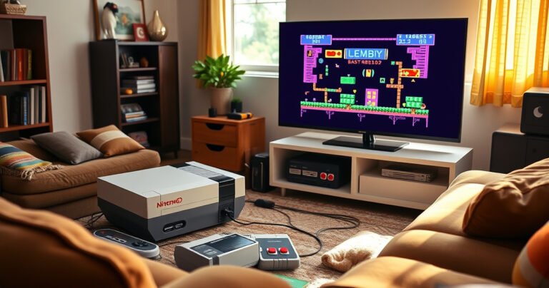 A nostalgic living room featuring a classic NES console connected to a sleek modern smart TV, with vibrant retro game graphics displayed on the screen. Surrounding the setup are colorful game cartridges, a cozy couch, and scattered controllers, while warm light filters through a window, creating a blend of retro charm and contemporary technology.