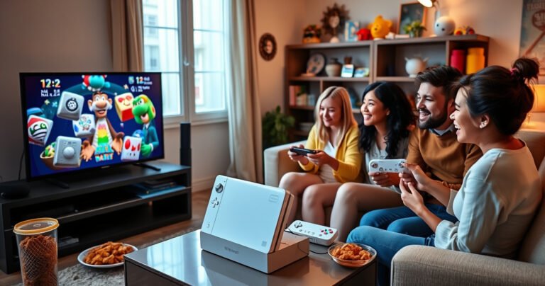 A cozy living room scene with a vibrant Nintendo Wii console connected to a sleek smart TV, showcasing colorful game graphics on the screen. A family of diverse gamers joyfully interacts with motion controls, surrounded by snacks and cheerful decorations, creating an inviting atmosphere filled with laughter and excitement. Soft lighting enhances the warmth of the setting.