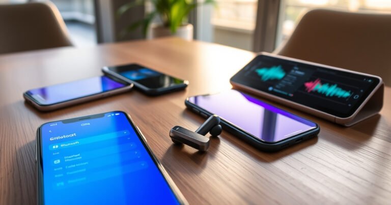 A sleek pair of ONN Bluetooth earbuds resting on a modern wooden table, surrounded by vibrant smartphone screens displaying Bluetooth settings, with colorful sound waves emanating from the earbuds. Soft afternoon light filters through a nearby window, casting a warm glow and highlighting the minimalist tech setup, inviting users to explore seamless connectivity.