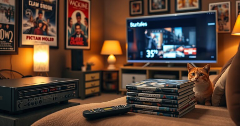 A cozy living room featuring an old DVD player connected to a sleek smart TV, surrounded by vintage movie posters and a plush sofa. Warm lighting casts a nostalgic glow, highlighting a stack of classic DVDs beside a modern remote control, with a curious cat peeking from behind the sofa, creating a charming, inviting atmosphere.