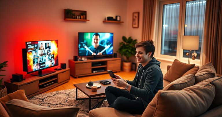 A cozy living room with a sleek PC connected to a modern Smart TV, glowing screens displaying vibrant multimedia content. A user joyfully interacts with a wireless device, surrounded by comfortable furniture, soft lighting, and tech accessories, embodying a seamless blend of technology and relaxation. Warm colors create an inviting atmosphere for tech enthusiasts.