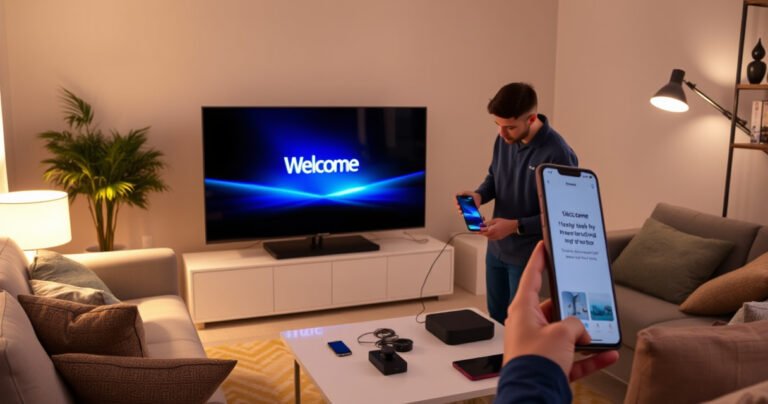 A cozy living room with a sleek Philips Smart TV displaying a vibrant welcome screen, surrounded by modern furniture. A user is attentively connecting cables, while a smartphone shows a step-by-step guide. Soft lighting casts a warm glow, and a coffee table with tech accessories adds a touch of sophistication to the inviting space.