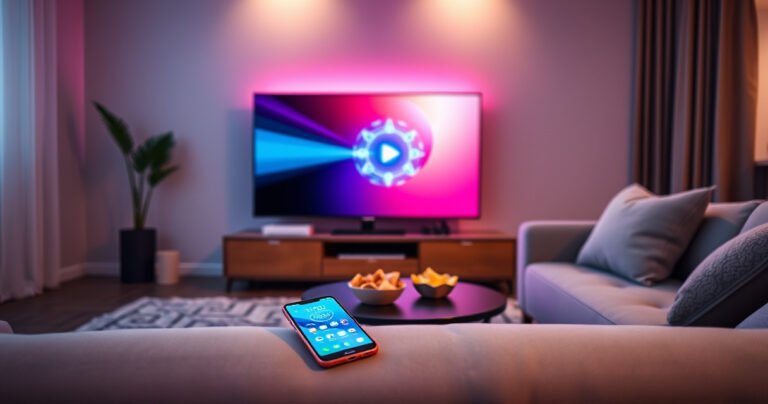 A modern living room featuring a sleek Vizio Smart TV displaying a vibrant connection screen, a smartphone resting beside it, glowing with a bright app interface. Soft ambient lighting reflects off a cozy couch, and a small coffee table holds snacks, creating an inviting atmosphere for tech-savvy viewers eager to connect their devices effortlessly.