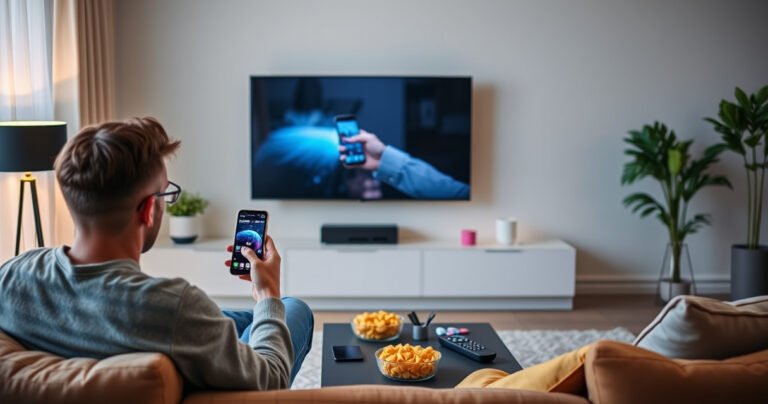 A modern living room with a sleek smart TV displaying a phone screen mirrored on it. A person sits on a cozy couch, holding a smartphone, surrounded by colorful tech gadgets. Soft lighting casts a warm glow, highlighting a coffee table with snacks and a remote, creating an inviting atmosphere for tech enthusiasts.