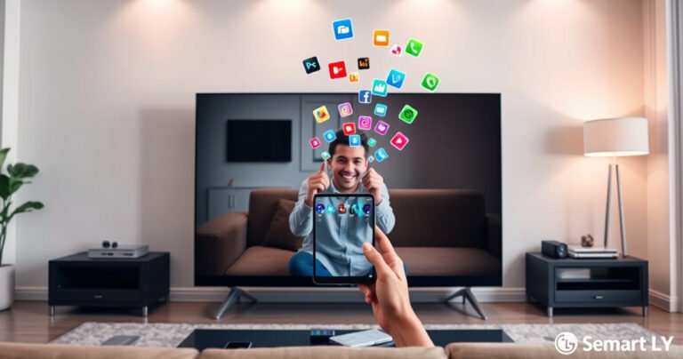 A sleek, modern living room showcasing a vibrant LG Smart TV displaying a smartphone screen mirrored onto it. Soft ambient lighting highlights a cozy sofa, with a user happily holding the phone, surrounded by tech gadgets. The scene conveys ease and connectivity, with colorful app icons floating in the air, symbolizing seamless integration.